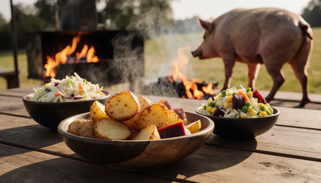 Roast potatoes, jewel salad, and coleslaw on a table with a whole roast pig blurred in the background