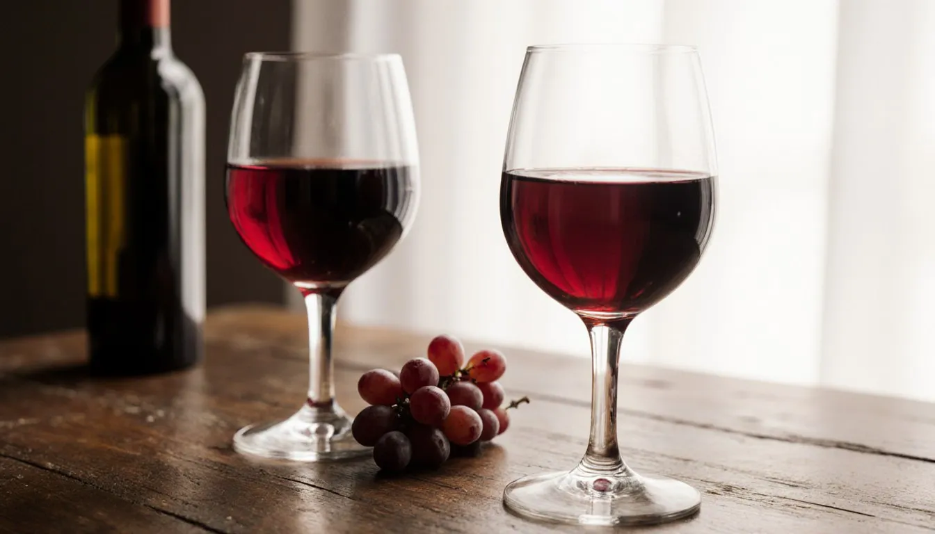 Two glasses of red wine, one lighter garnet and one deep purple, side by side with grapes on a wooden table