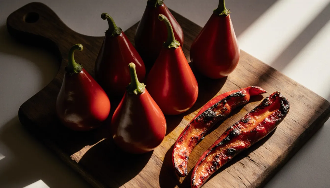 Fresh red and green piquillo peppers beside roasted, peeled peppers on a wooden board