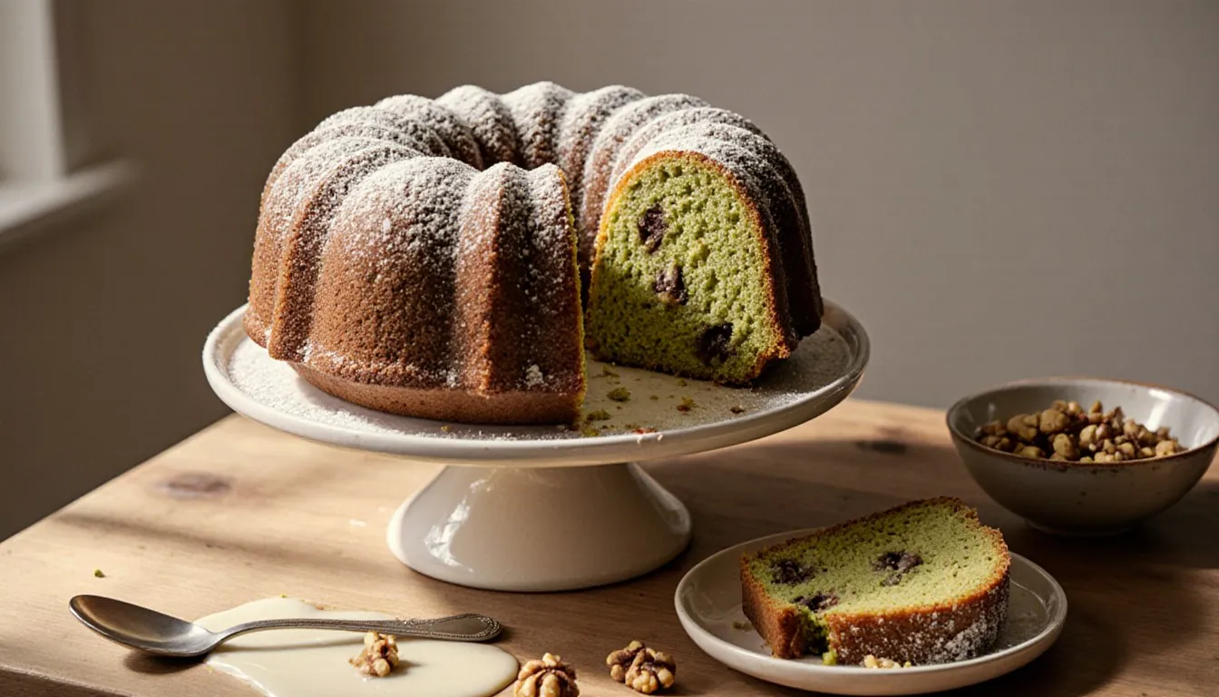 A sliced pistachio bundt cake with a pale green crumb, chopped walnuts, and creamy glaze on a kitchen counter
