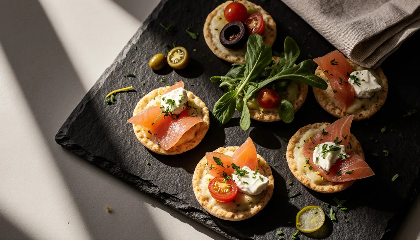 Mini wonton-crust pizza appetizers topped with smoked salmon, gorgonzola, olives, and herbs on a serving board
