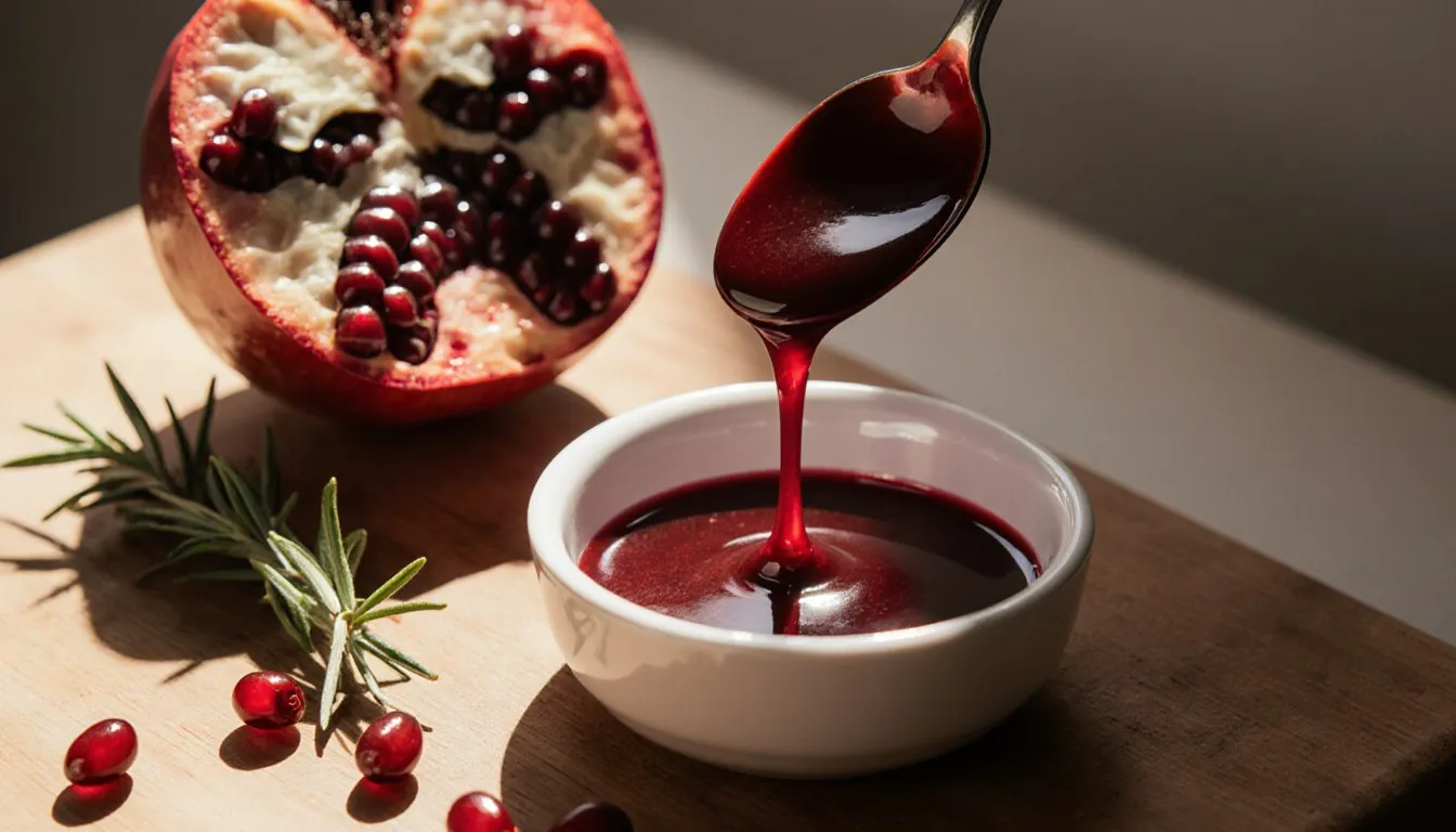 Glossy pomegranate sauce being spooned over a dish, with fresh pomegranate arils and rosemary alongside