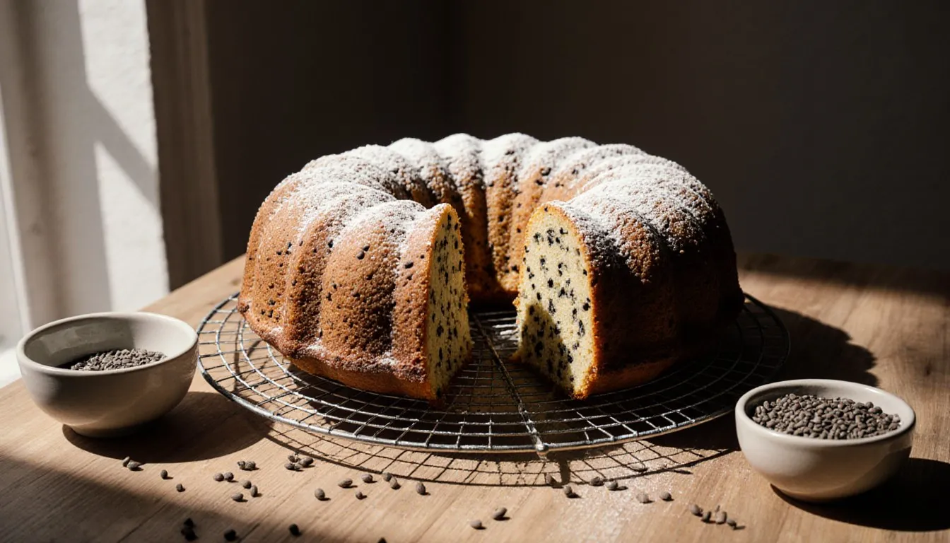 A golden poppy seed bundt cake dusted with powdered sugar, cooling on a wire rack beside a bowl of poppy seeds