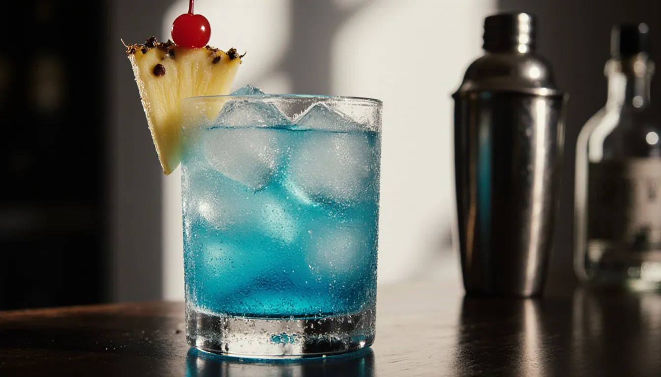 A vivid blue tropical cocktail in a highball glass garnished with pineapple and a cherry