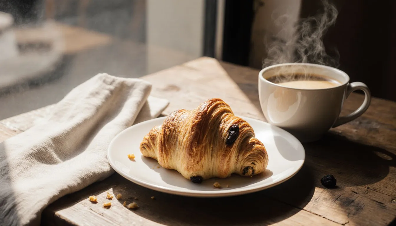 A golden croissant and pain au raisin beside a bowl of café au lait on a café table