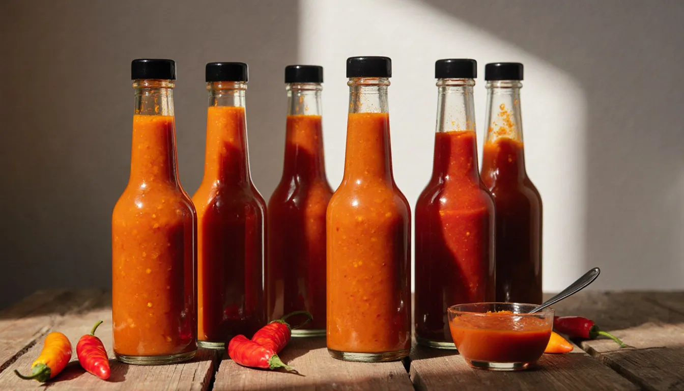 An assortment of unlabeled hot sauce bottles surrounded by fresh red chili peppers on a wooden table