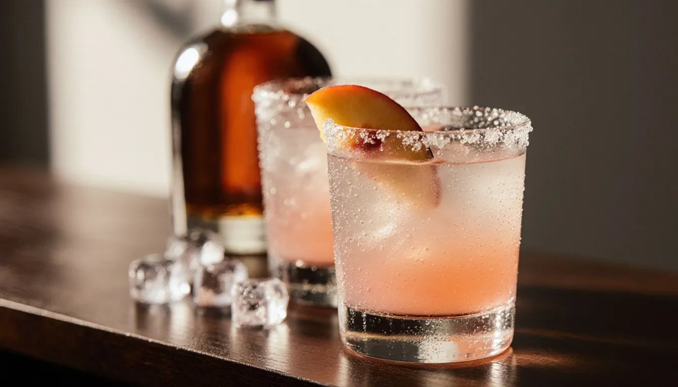 Two peach schnapps cocktails garnished with fresh peach slices sit on a bar beside an unlabeled liqueur bottle