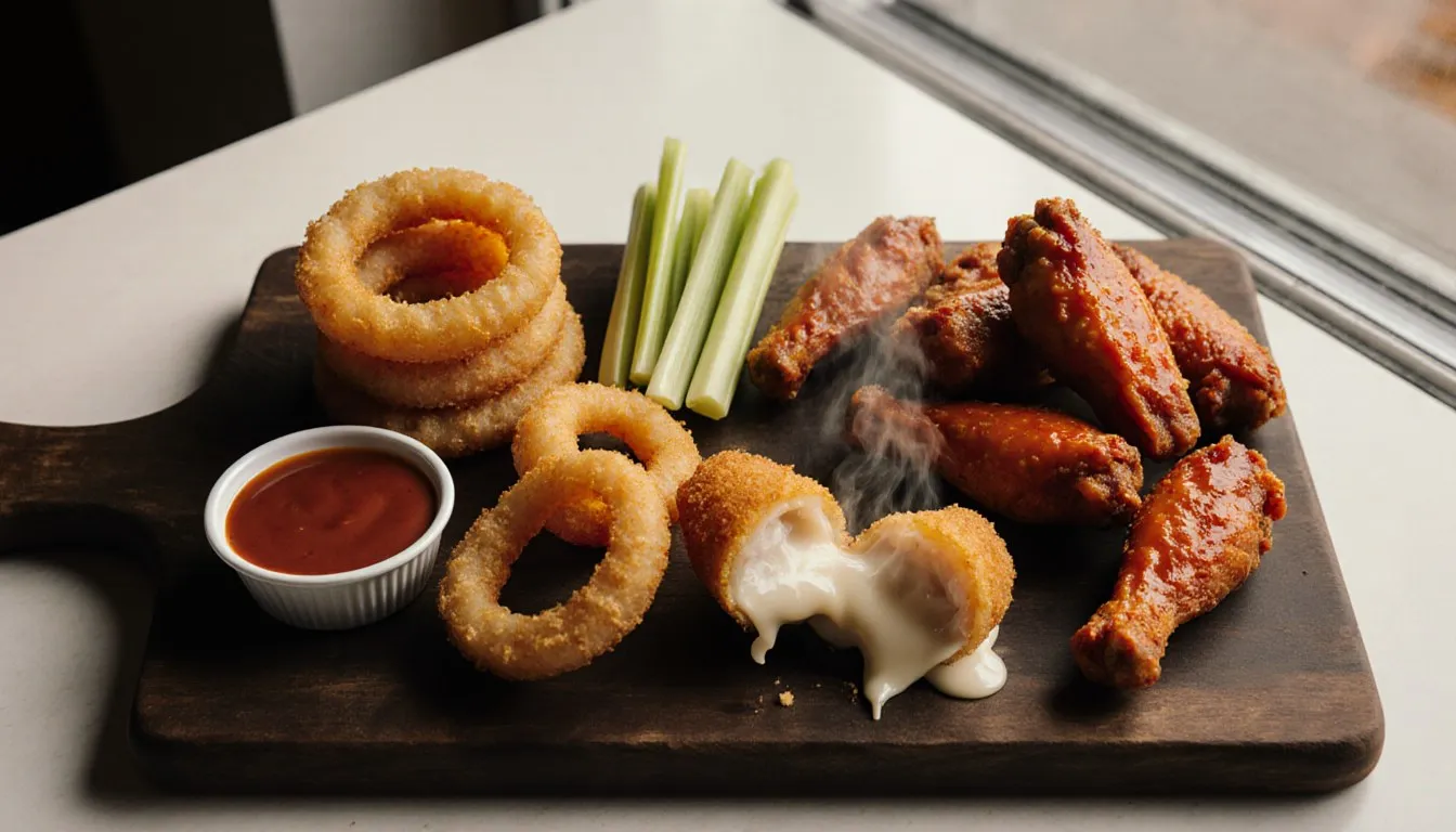 A wooden board with golden onion rings, mozzarella sticks, and buffalo wings, classic savory snacks