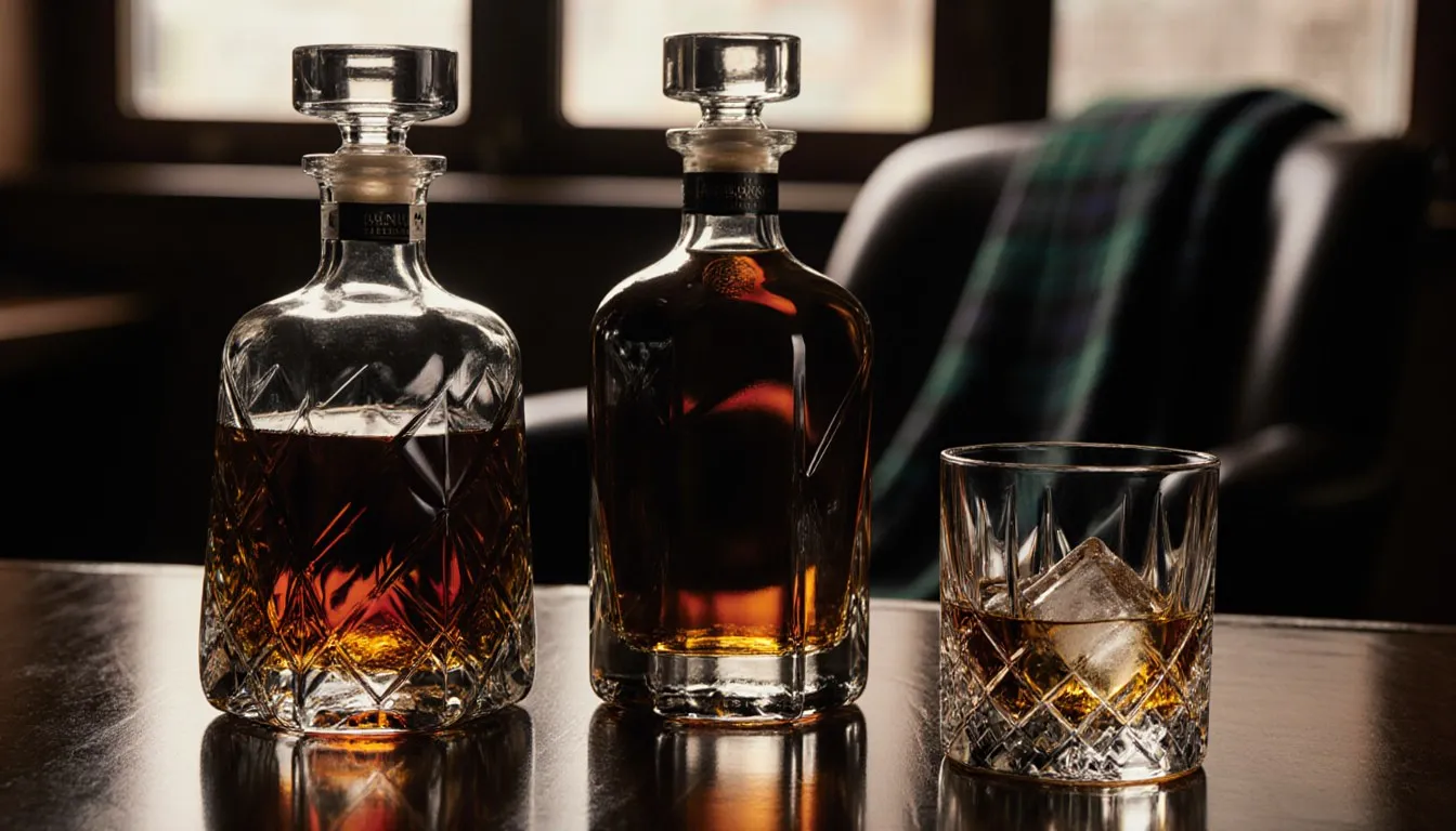 Unlabeled bottles of amber Scotch whisky beside a poured glass on a dark wood bar counter