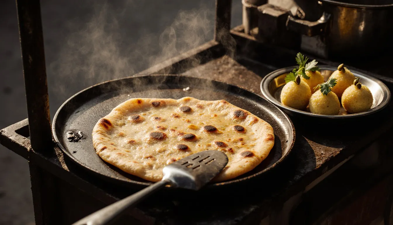 A golden paratha cooking on a street food tawa beside a plate of yellow khaman dhokla cubes