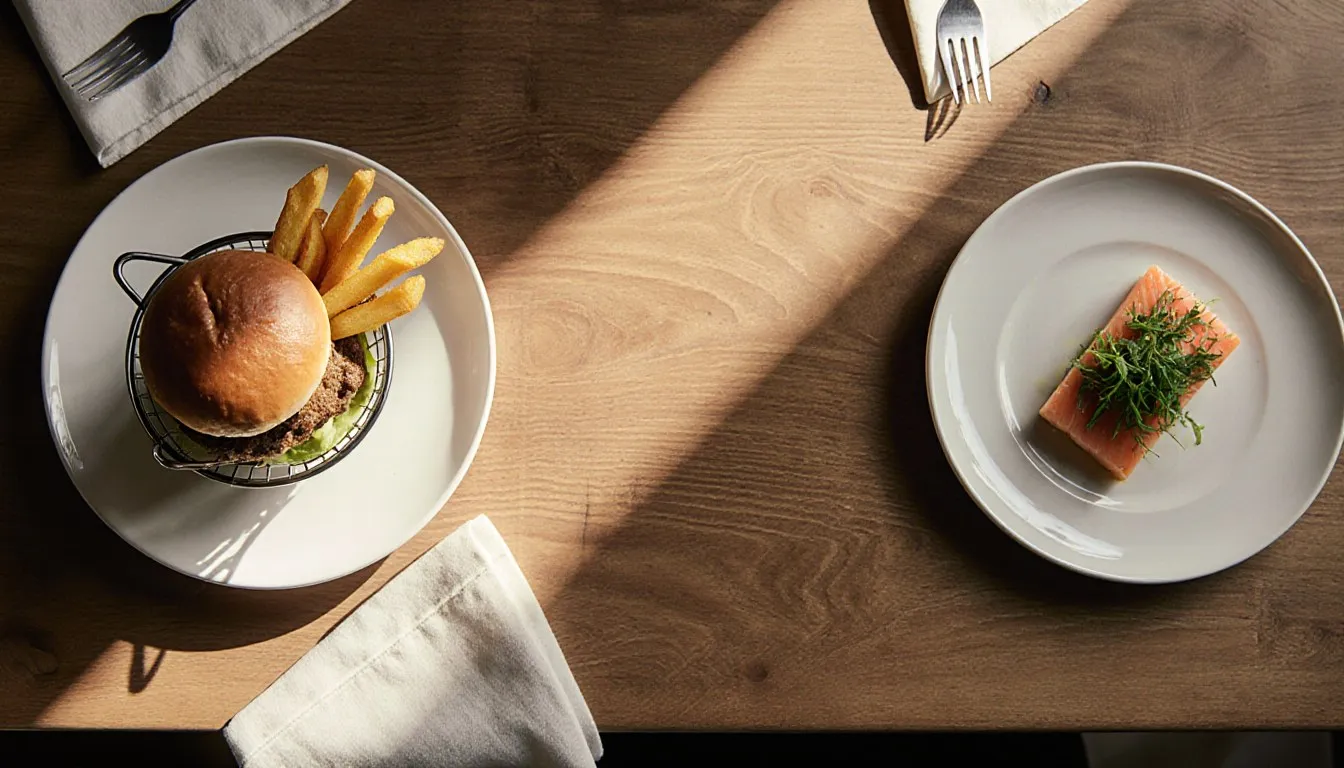 A casual burger and fries plated beside an elegant fine-dining dish on a restaurant table