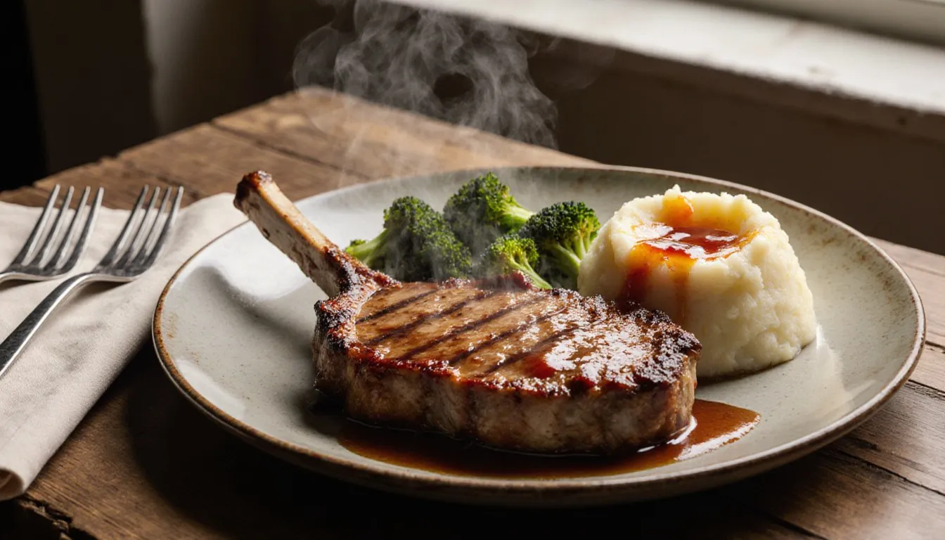 A glazed oven-baked pork chop served with mashed potatoes and steamed broccoli