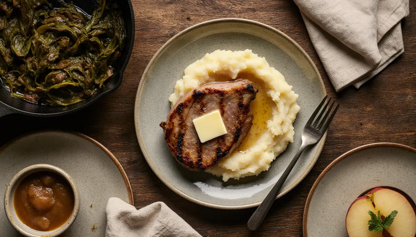 A roasted pork chop served with mashed potatoes, braised greens, and applesauce on a rustic table