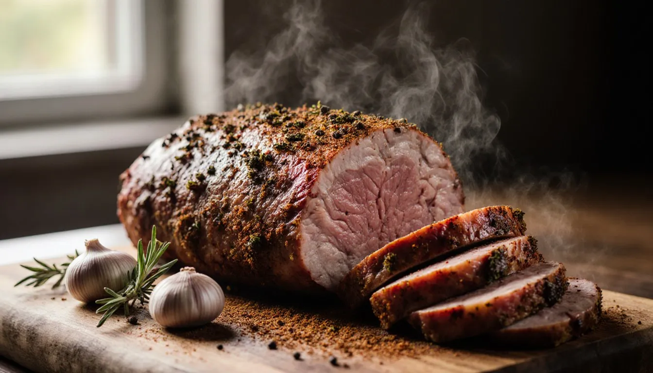 A herb and paprika crusted pork sirloin roast sliced on a wooden cutting board