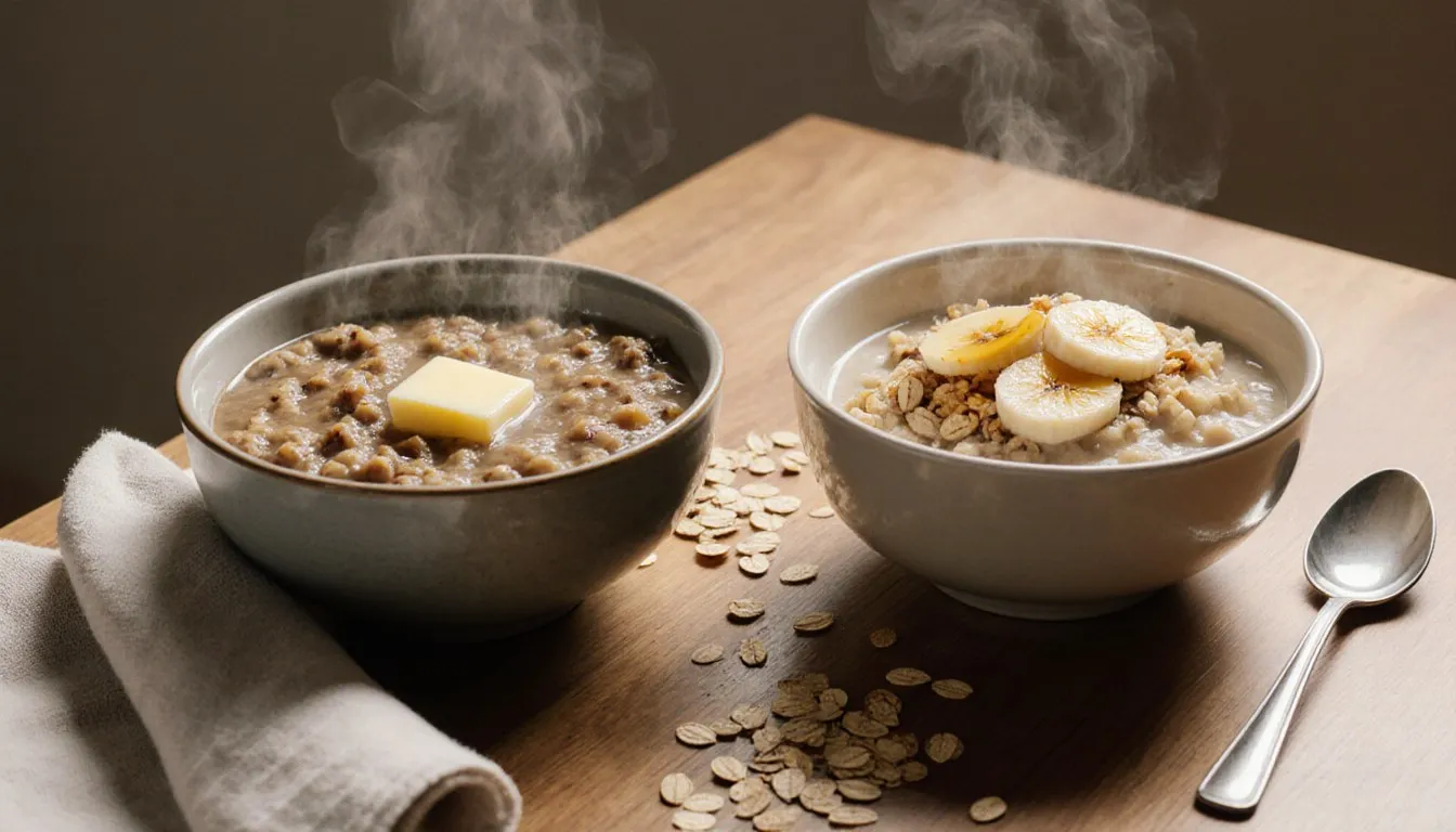 Side-by-side bowls of hearty porridge and creamy rolled oatmeal on a wooden table