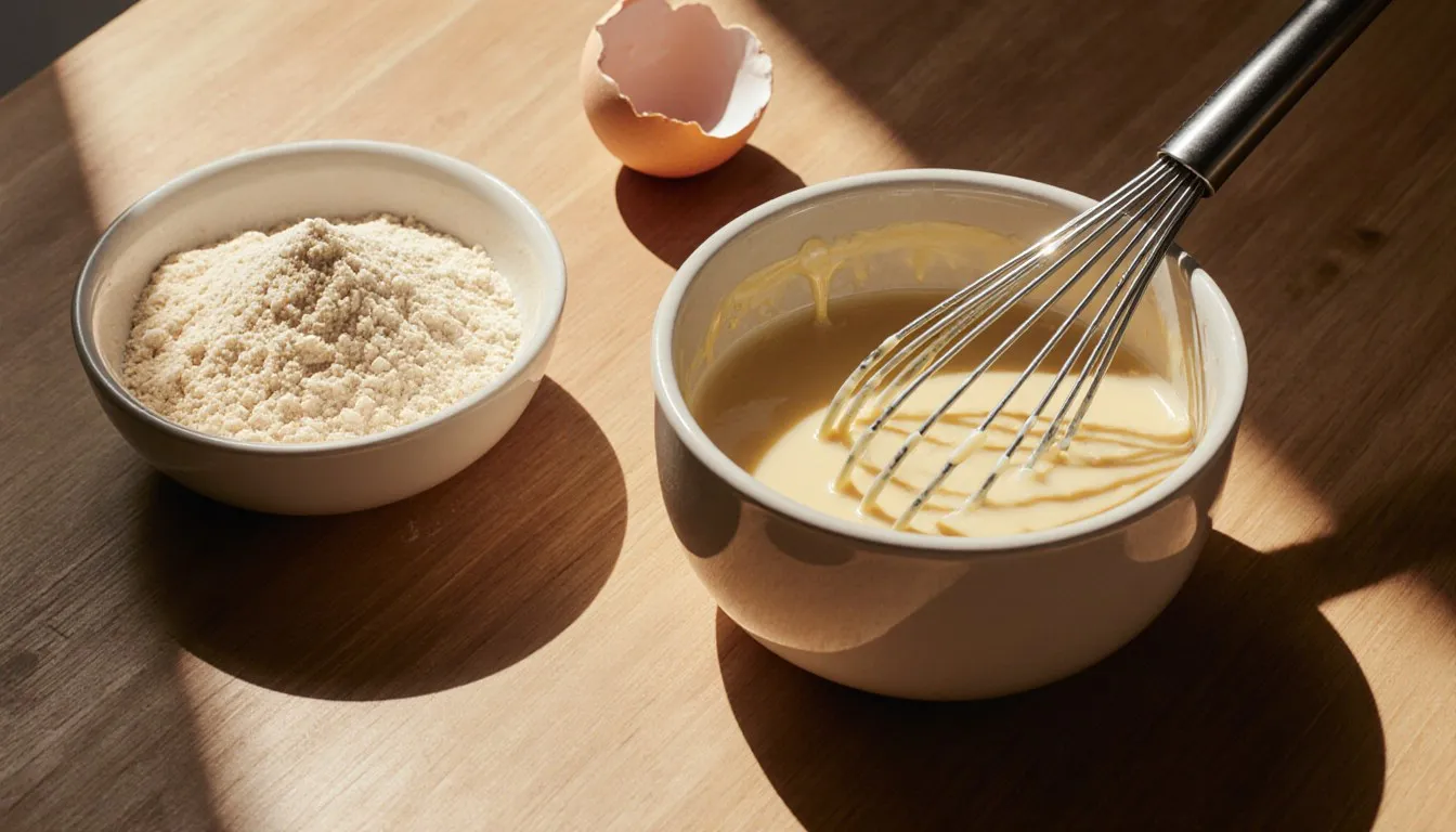 A bowl of powdered eggs beside a whisked batch reconstituted with water on a wooden kitchen counter