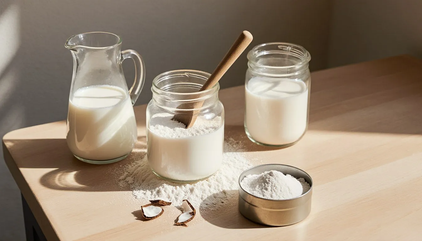 Powdered milk, fresh milk, and coconut milk powder arranged as baking substitutes on a kitchen counter