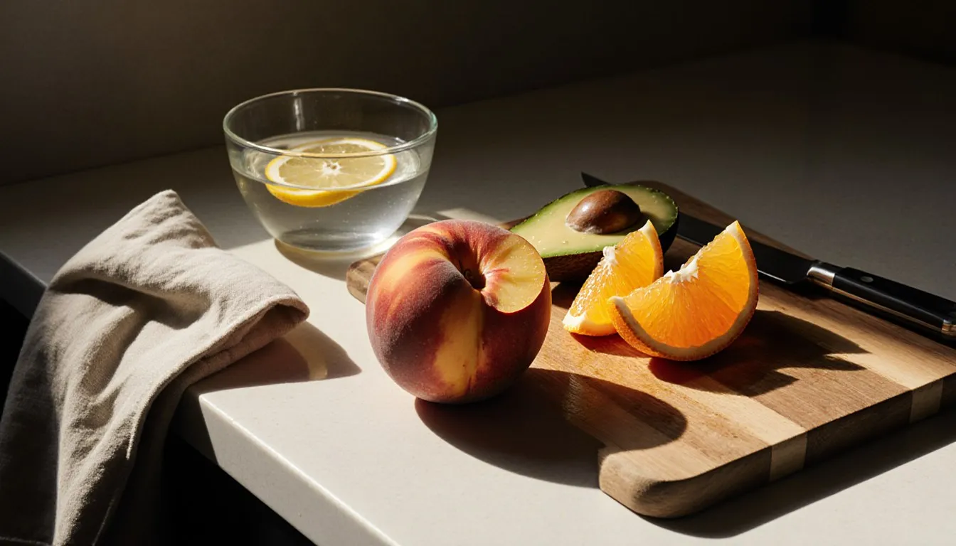 A cutting board with a cut peach, orange wedges, and an avocado half beside a bowl of lemon water