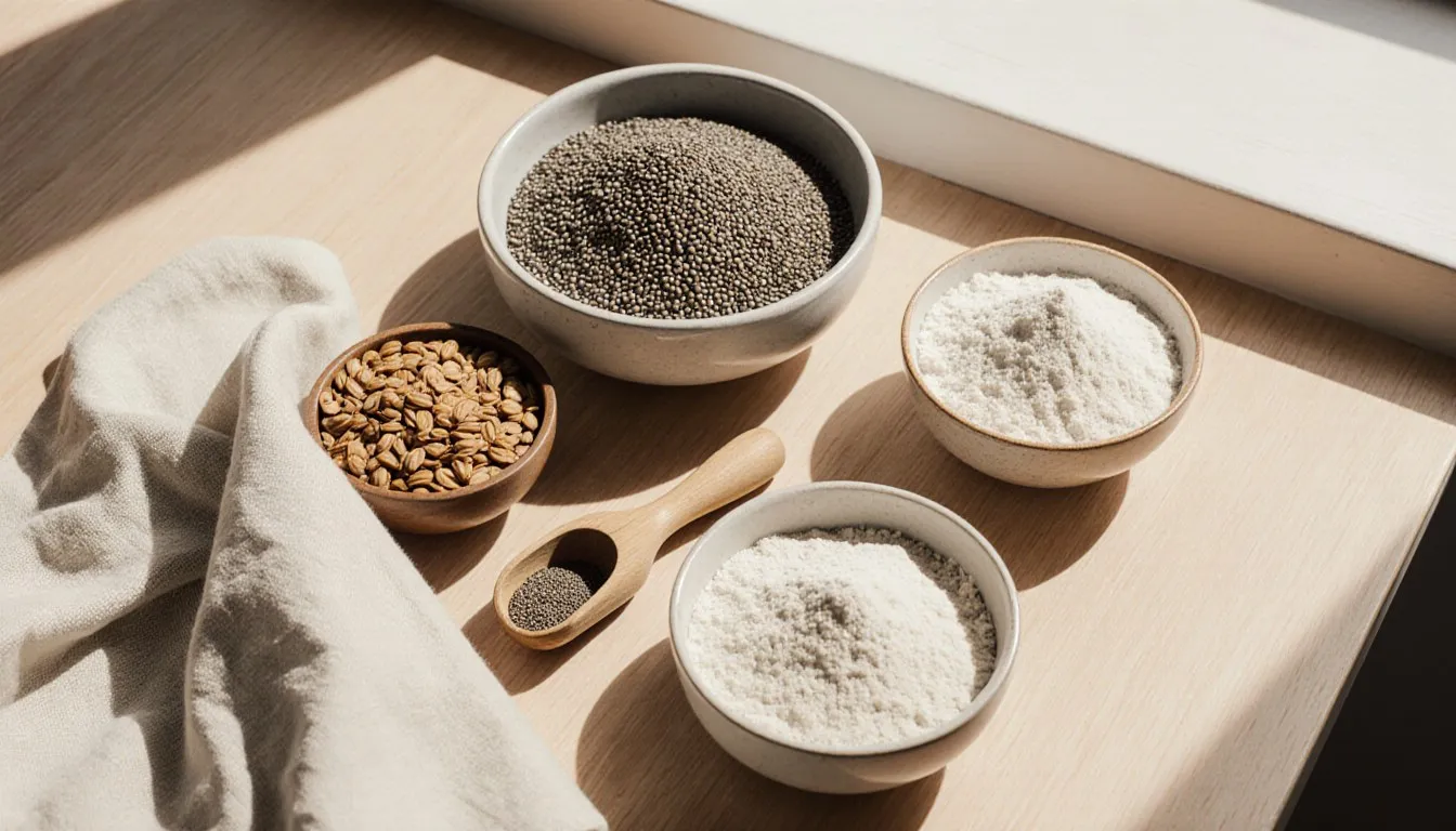 Bowls of flaxseed, chia seeds, and coconut flour beside a scoop of psyllium husk powder