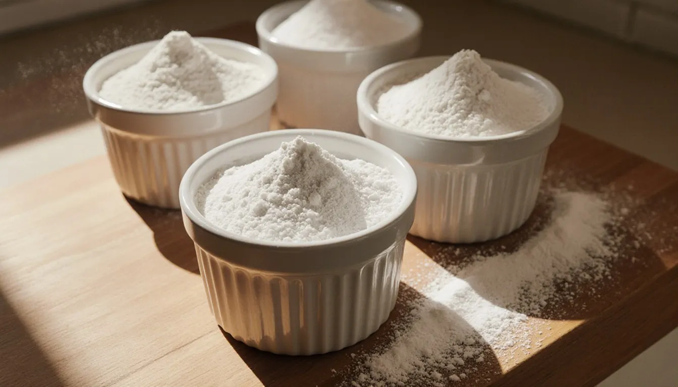 Small bowls of cornstarch, arrowroot, xanthan gum, and tapioca starch as psyllium husk substitutes