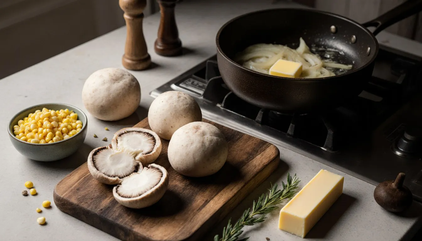 Sliced puffball mushrooms beside a pan of onions and butter, with corn kernels for making puffball mushroom soup