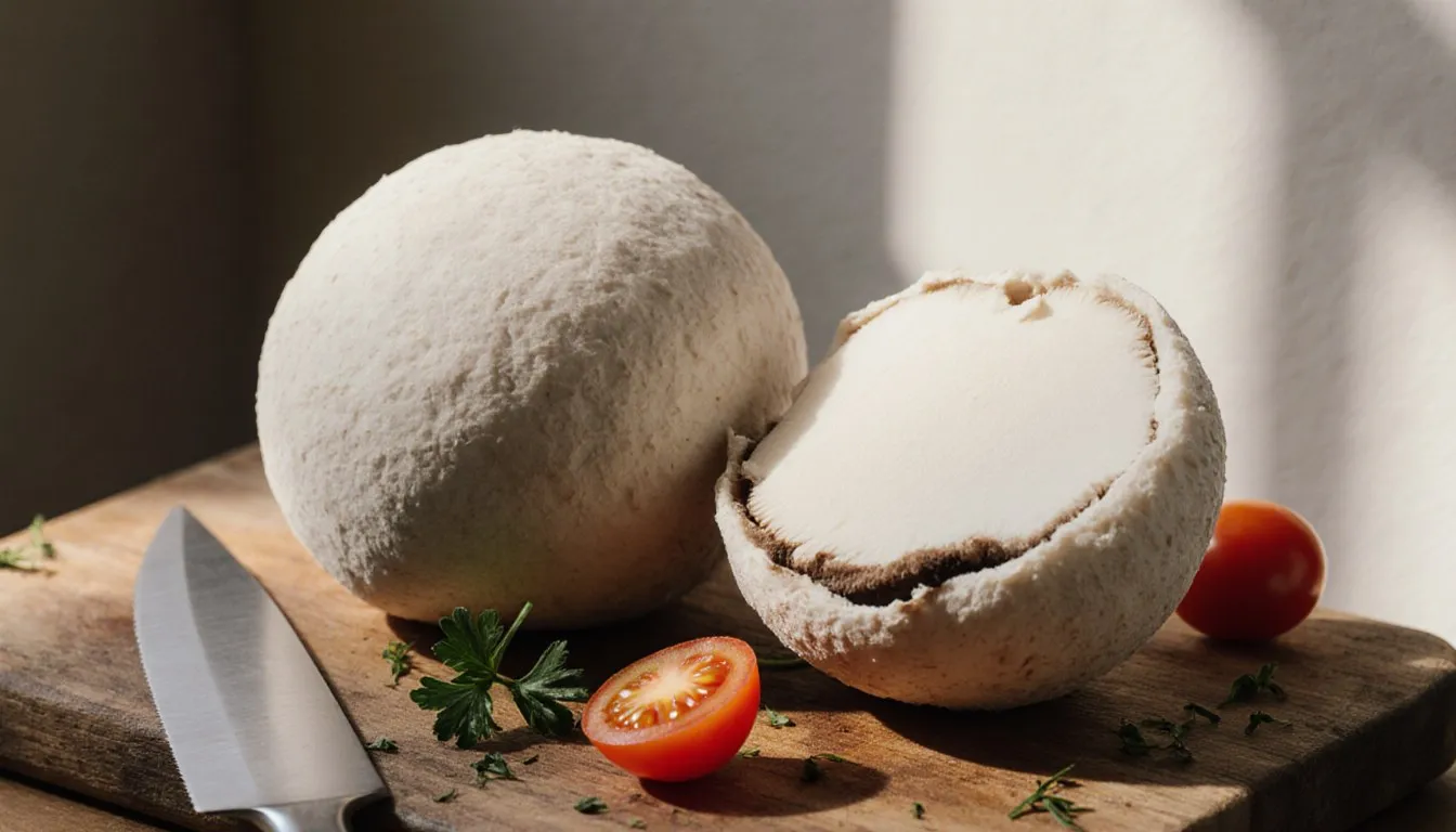 A giant puffball mushroom sliced open on a wooden board, revealing its solid white flesh, beside a kitchen knife