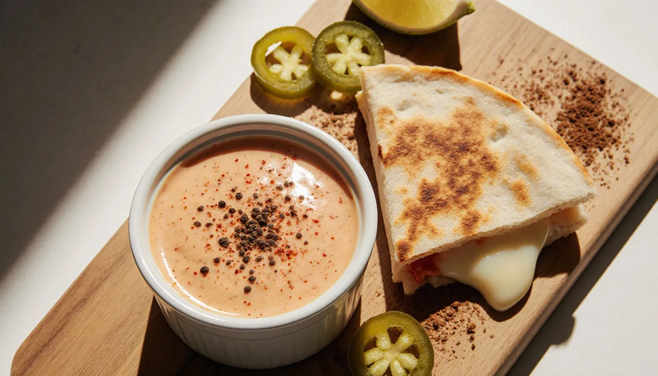 Creamy jalapeño dipping sauce beside a golden folded quesadilla with lime and pepper slices
