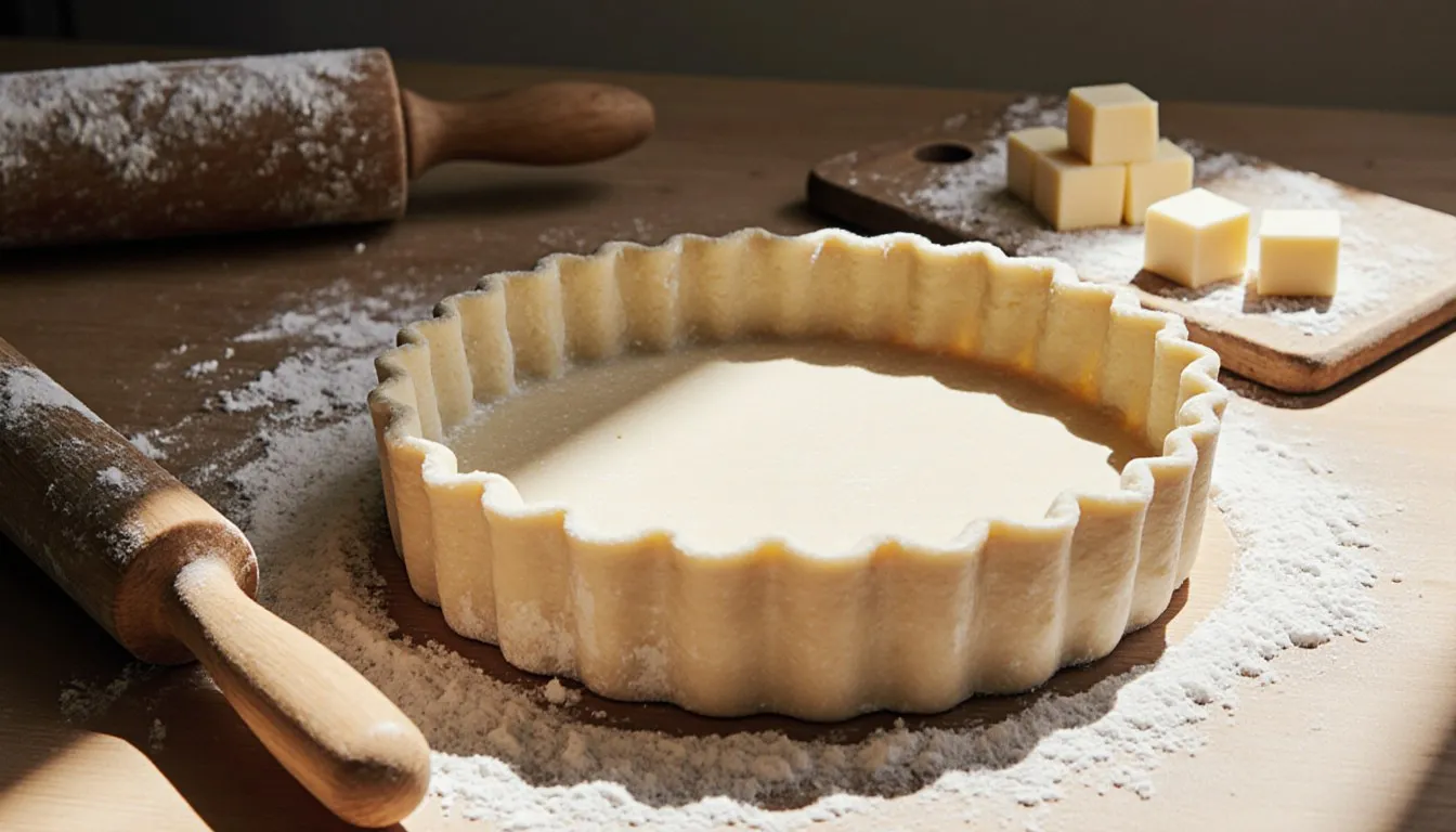 Unbaked pastry crust pressed into a flan dish beside a rolling pin and chilled butter cubes