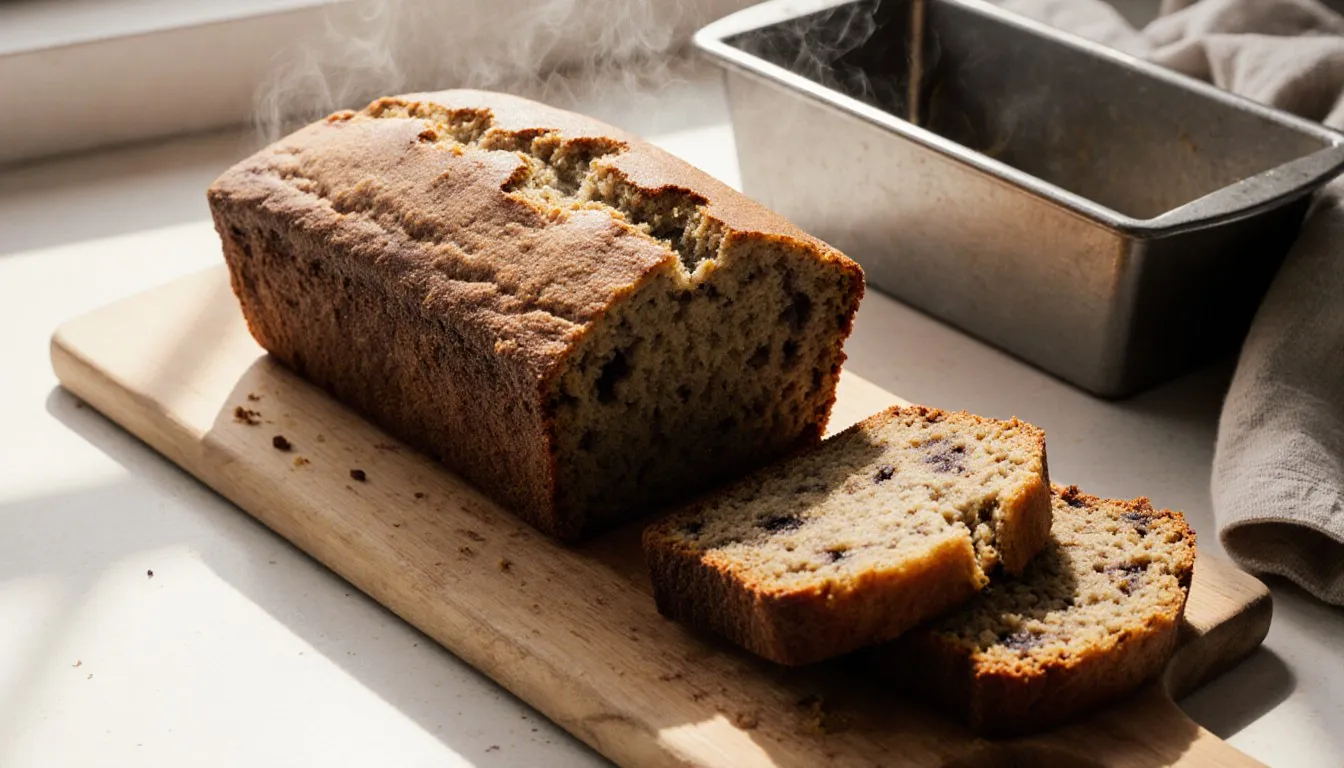 A warm quick bread loaf, freshly sliced to show a tender speckled crumb, on a wooden board beside its loaf pan