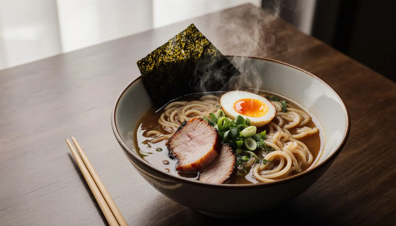 A steaming bowl of ramen topped with pork slices, a soft-boiled egg, scallions, and nori