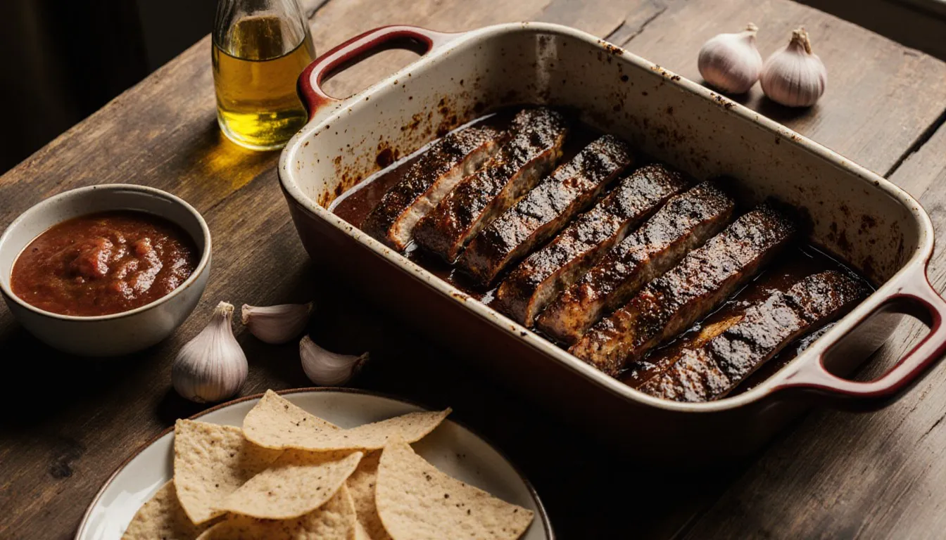 Baked rattlesnake meat glazed with soy sauce marinade, served with tortilla chips and salsa