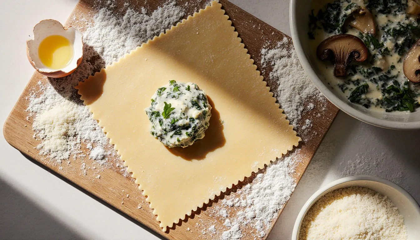 Fresh pasta squares filled with ricotta-spinach mixture beside a bowl of mushroom ravioli filling