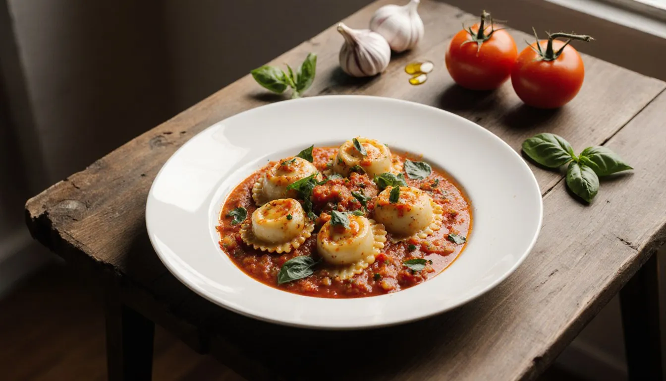 Ravioli plated in a rustic tomato-basil sauce with fresh basil and tomatoes alongside