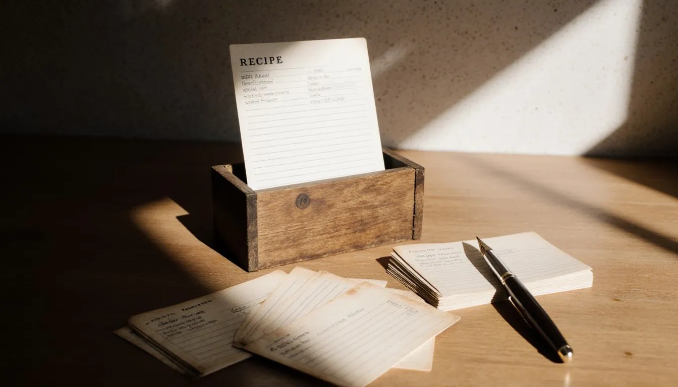 A blank recipe card propped in a wooden box beside a stack of worn, handwritten family recipe cards