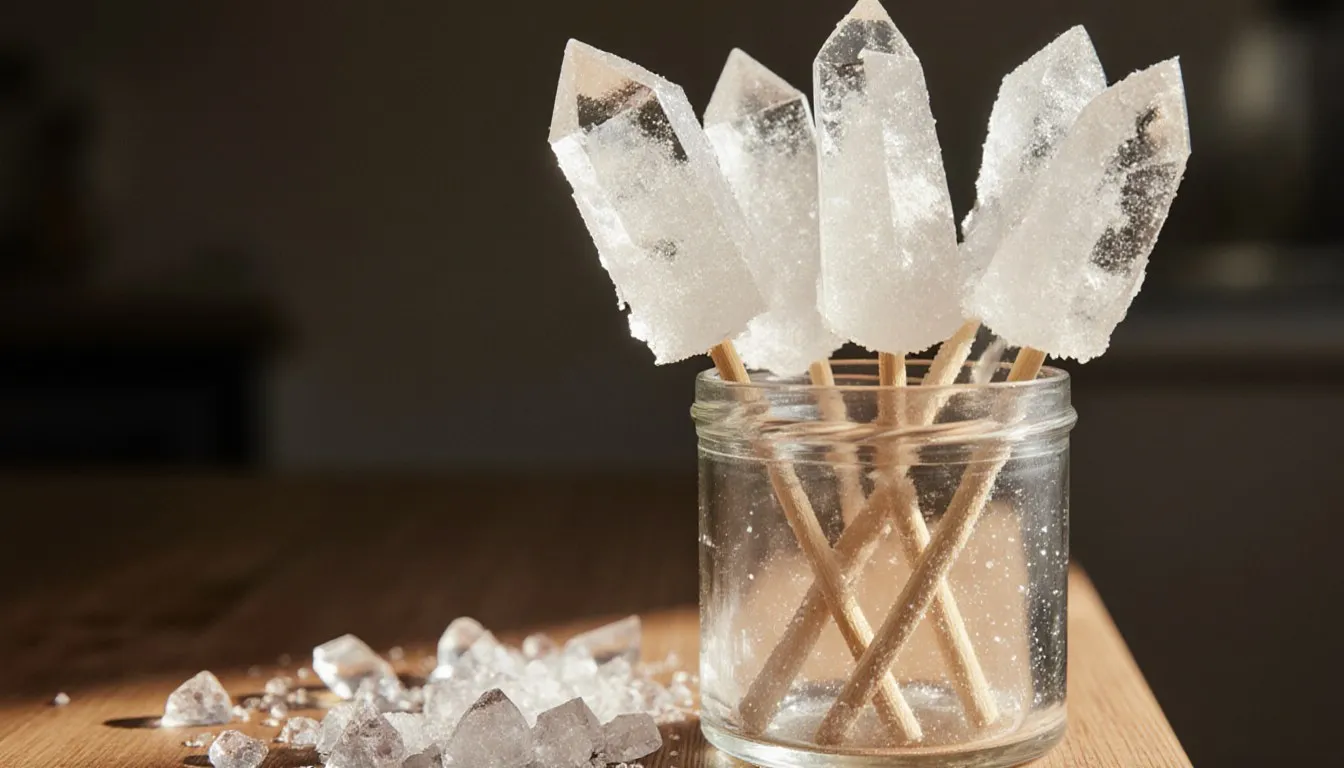 Homemade rock candy crystals on sticks standing in a jar, sugar crystals scattered nearby