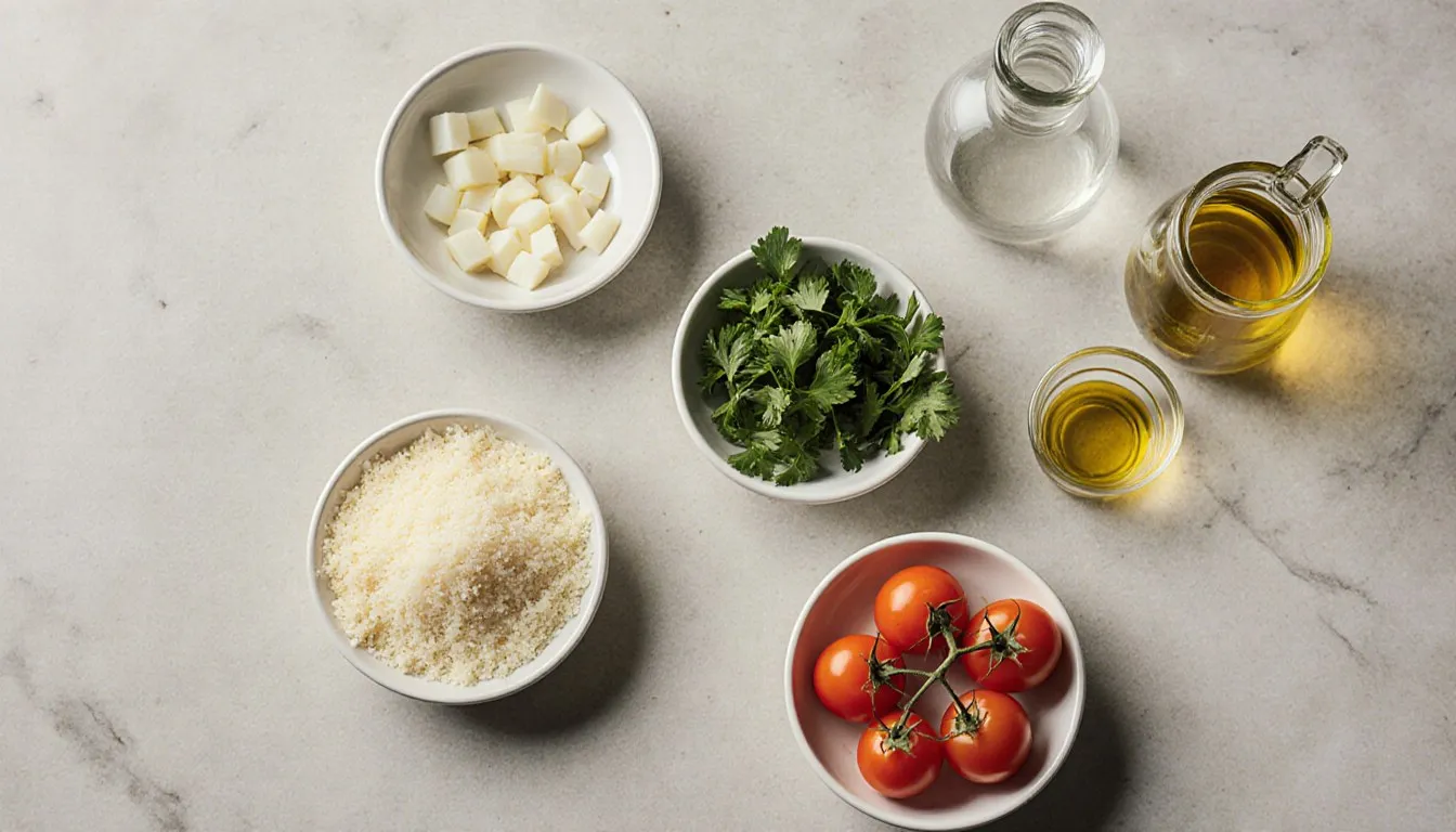 Mise en place of prepped ingredients in small pinch bowls on a stone counter