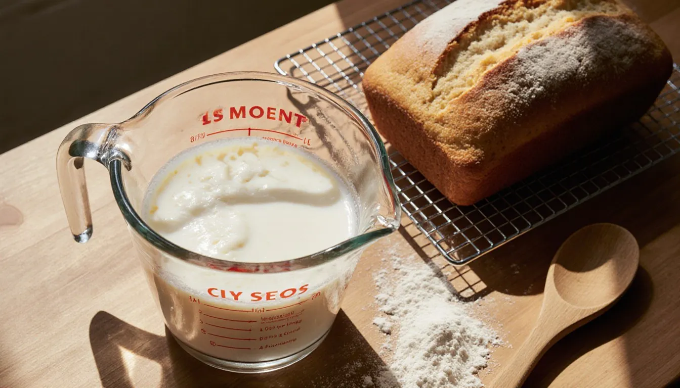 A cup of clabbered sour milk beside a fresh loaf of bread on a wooden kitchen counter