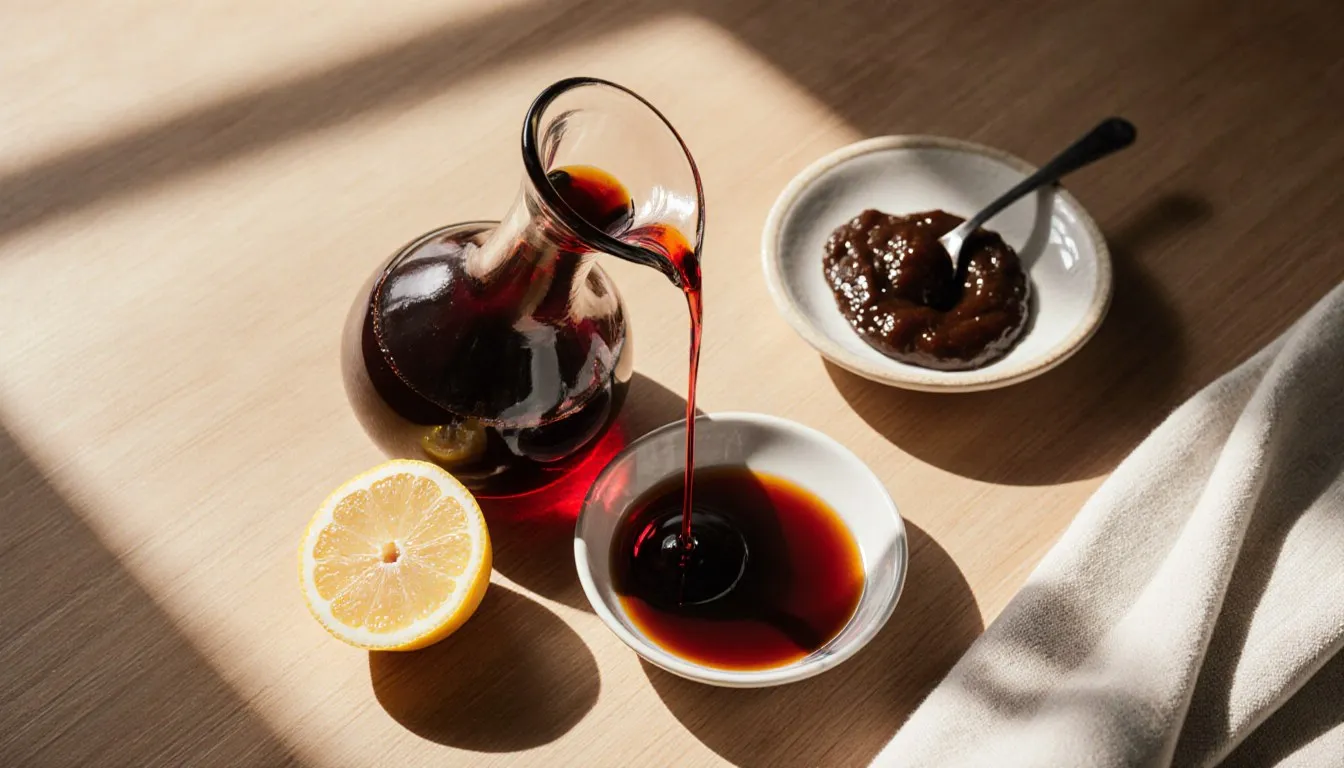 Red wine vinegar beside lemon, balsamic vinegar, and tamarind paste, common substitutes on a kitchen counter