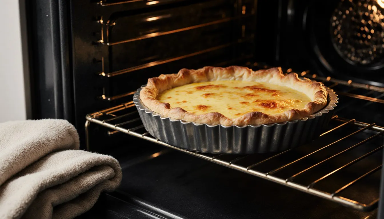 A quiche in a metal pie pan reheating on a wire rack inside a warm oven.