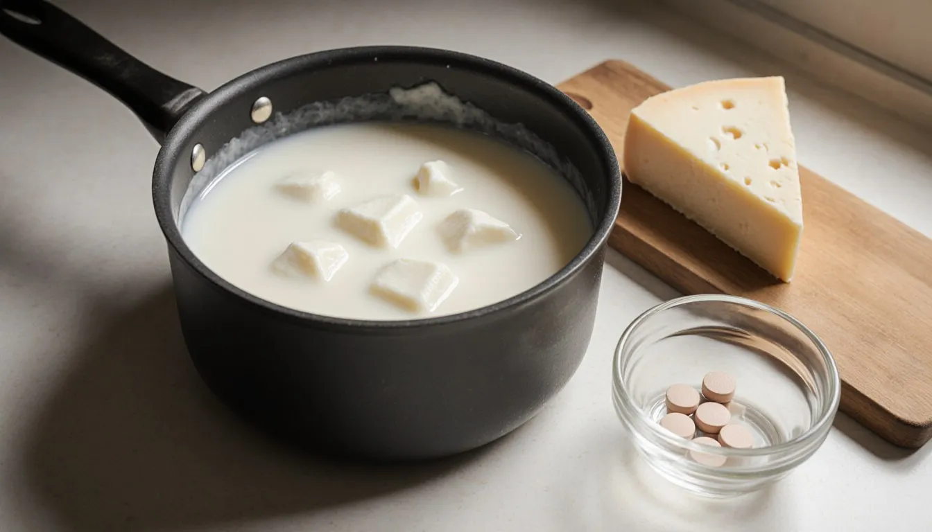 Milk curdling in a pot beside vegetarian rennet tablets and a wedge of fresh cheese