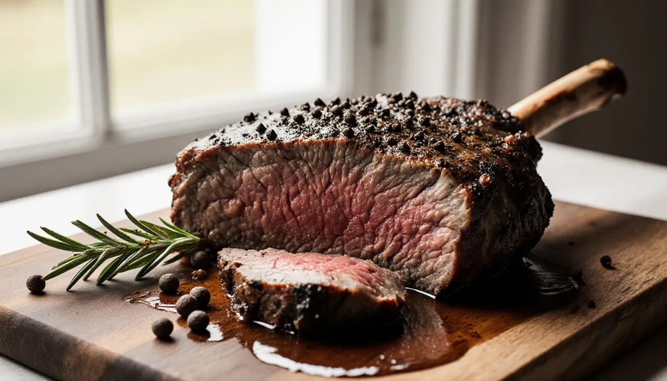 A bone-in rib eye roast with a seared crust, sliced open to show a rosy medium-rare center