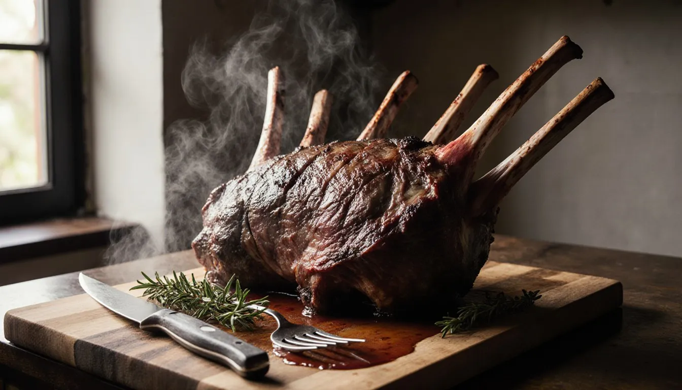A golden-brown standing beef rib roast with exposed bones resting on a wooden carving board