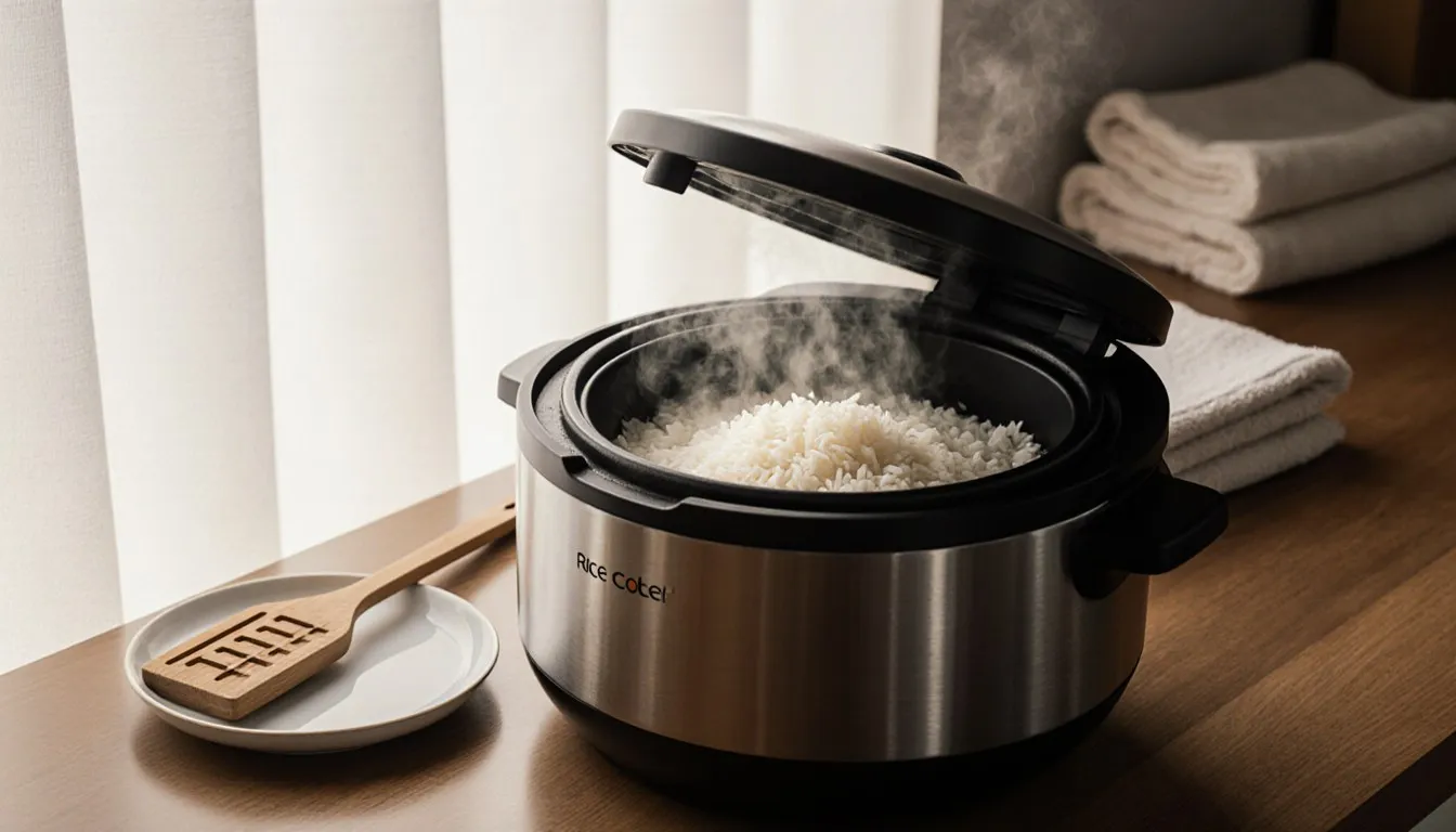 An open rice cooker filled with fluffy steamed rice, a wooden paddle resting beside it on the counter.
