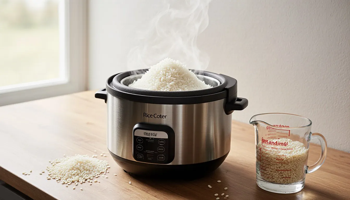 An open rice cooker with steaming white rice beside a measuring cup of uncooked rice and water