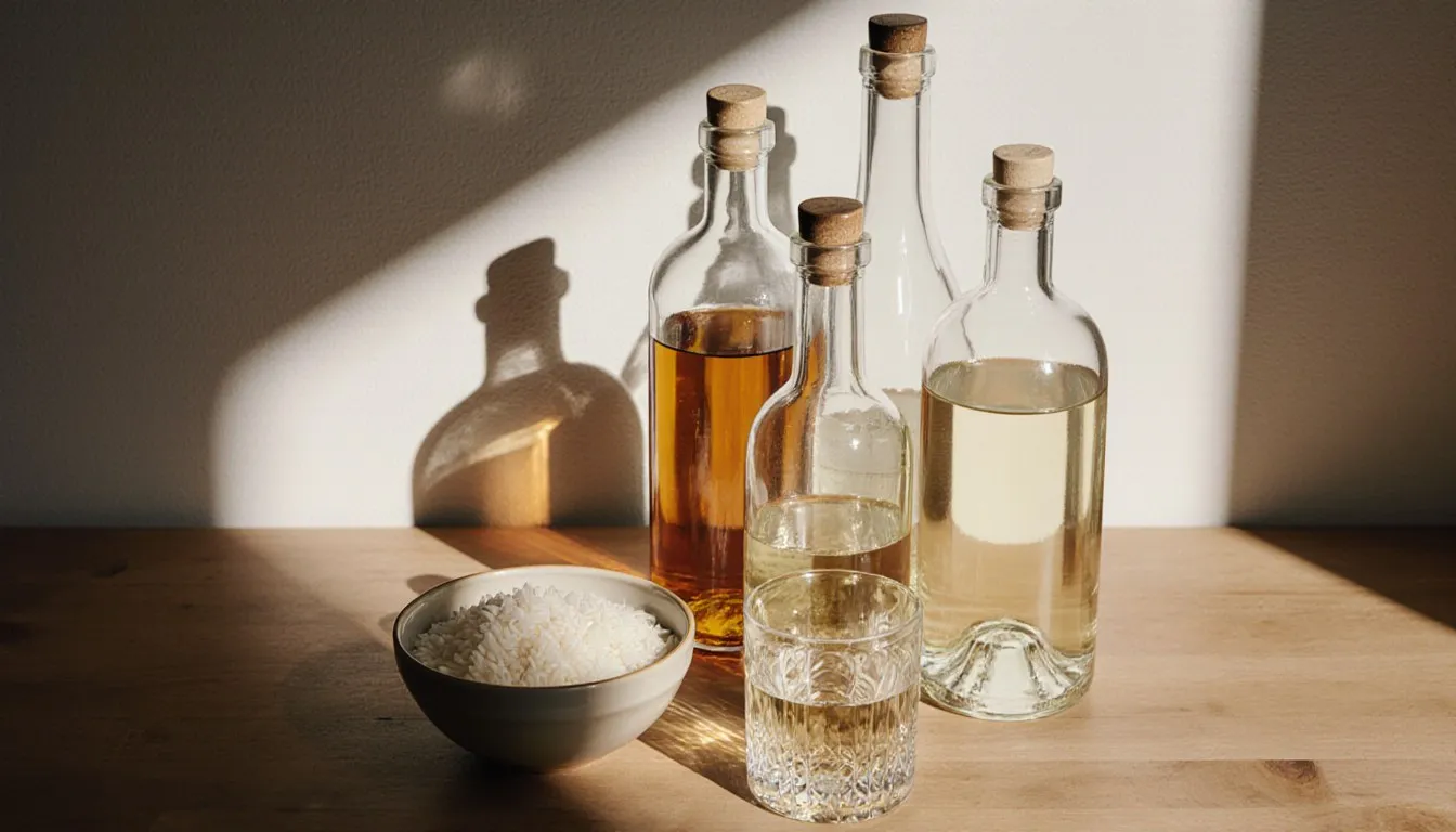 Bottles of sherry, gin, and white wine beside a bowl of rice, common substitutes for rice wine