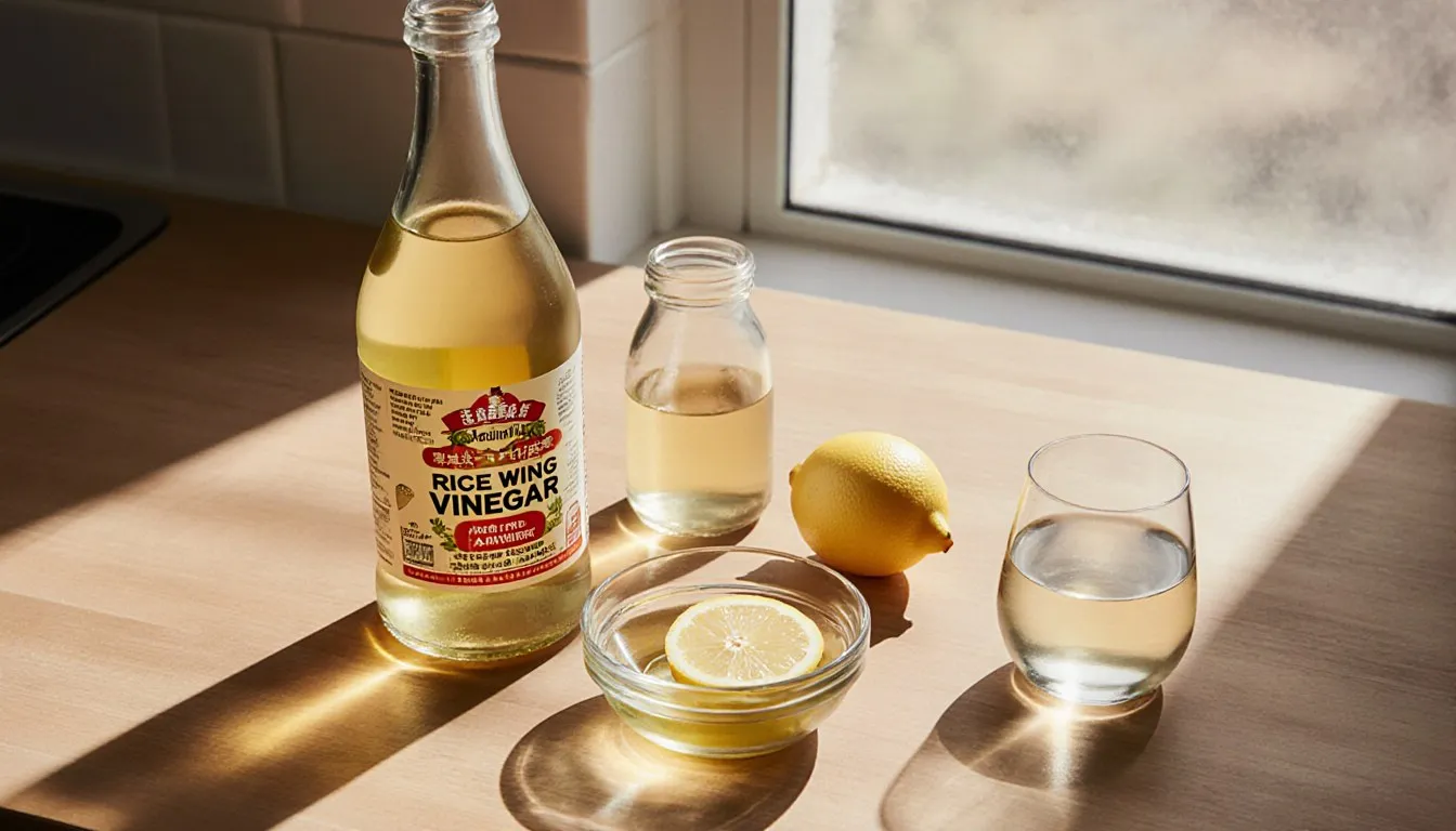A bottle of rice wine vinegar beside lemon, apple cider vinegar, and white wine as substitute ingredients