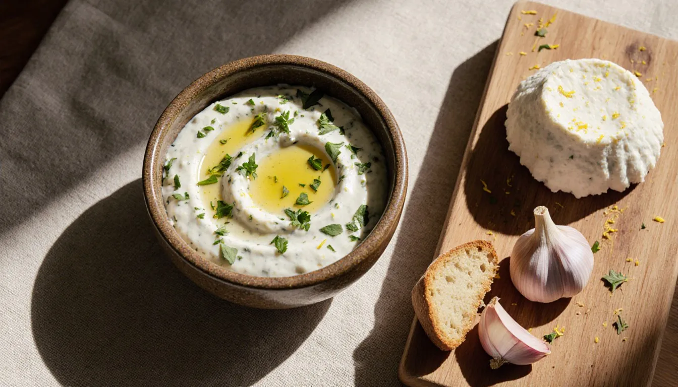 A creamy ricotta dip with herbs and olive oil, served with fresh ricotta and torn bread for dipping