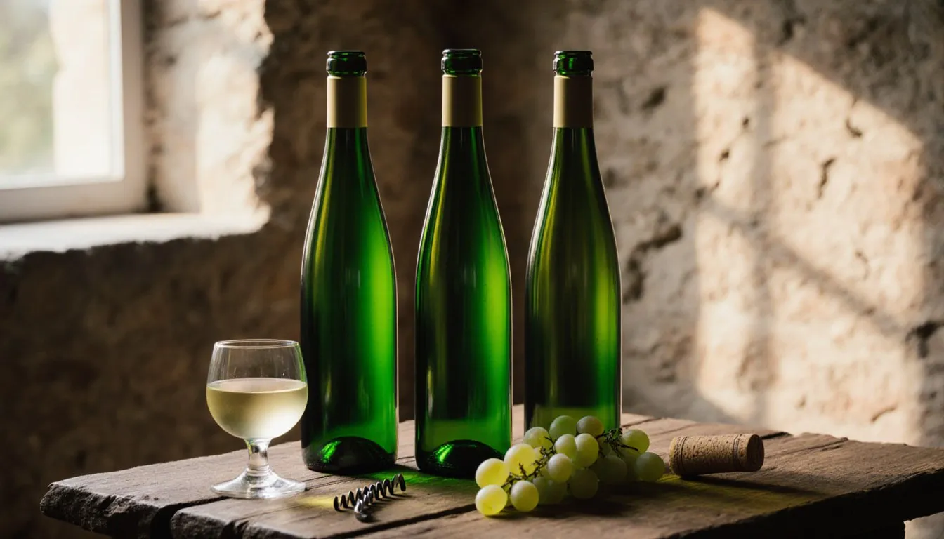 Unlabeled Riesling wine bottles and a poured glass of golden wine on a wooden table