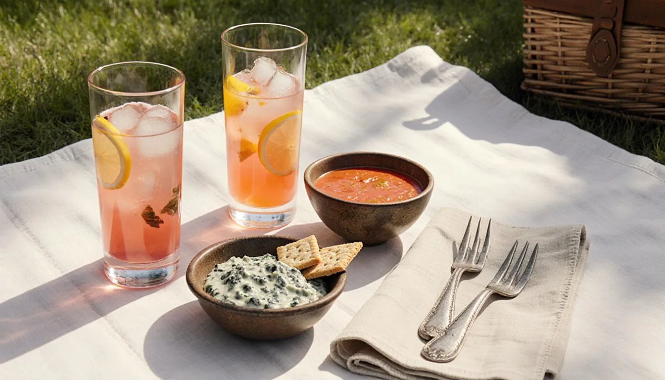A picnic blanket set for two with fruit lemonades, chilled gazpacho, and spinach dip