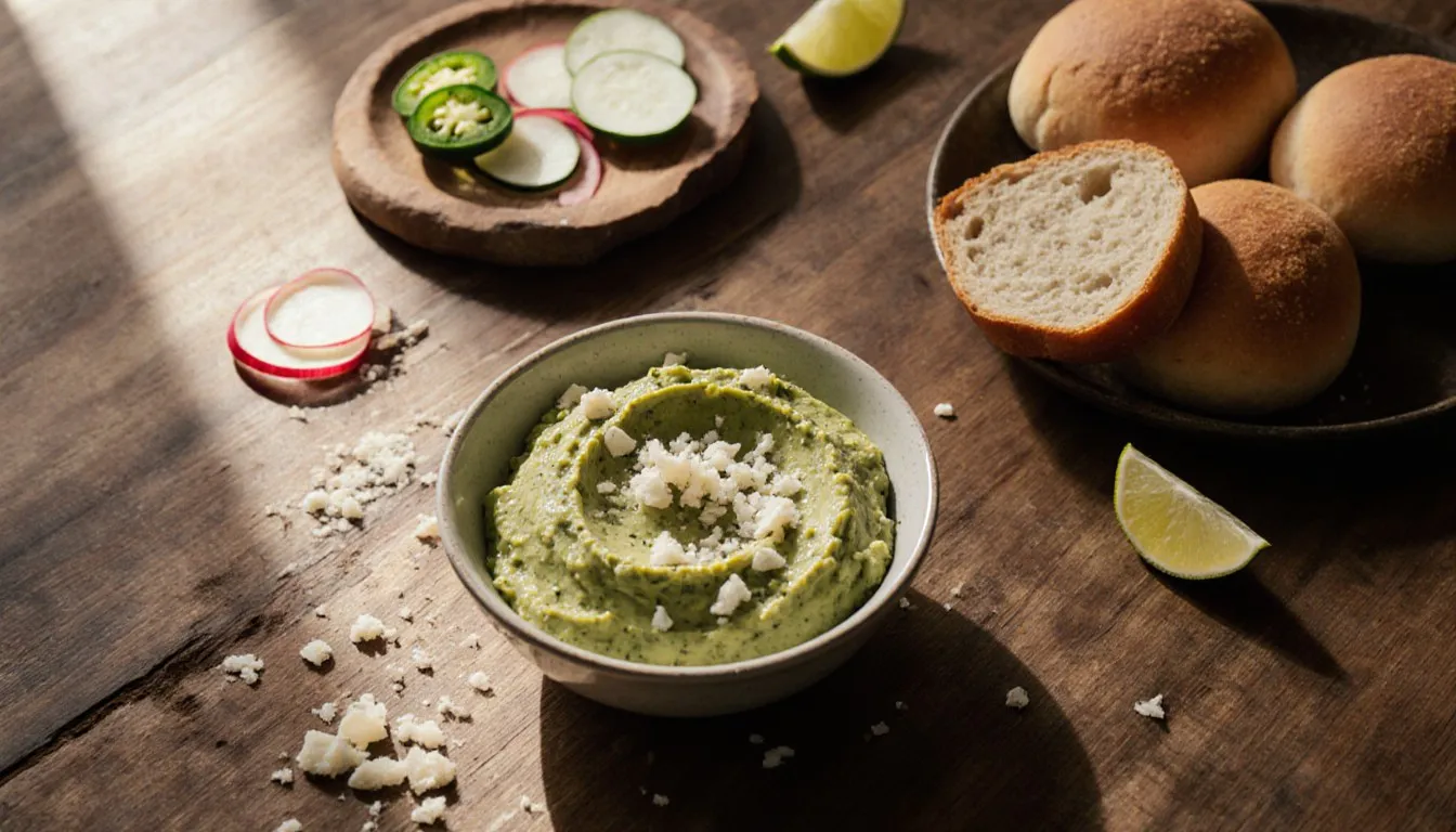 Mashed avocado spread with radish, jalapeño, and sliced bolillo bread for a no-bake appetizer